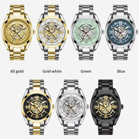 Mechanische Herrenuhr Automatik Skelett Edelstahl-Armband Leuchtende Römische Ziffern Mintgrünes Zifferblatt
