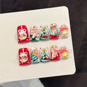 <span class=keywords><strong>Uñas</strong></span> postizas rojas de Navidad al por mayor, diseño de pato, reno 3D y lazo francés, 10 unidades, hechas a mano, con embalaje personalizado, efecto brillante - Product Image 1