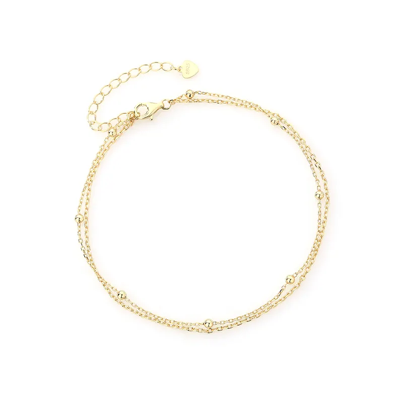 Fashion 18K Gold Double Layer Chain Anklet Bracelet 925 Sterling Silver Beaded Bracelets Women Beach Waterproof Jewelry