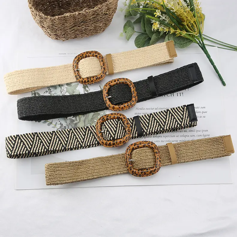 Bohemian Vintage Square Leopard Print Buckle New Style PP Grass Braided Belt Women