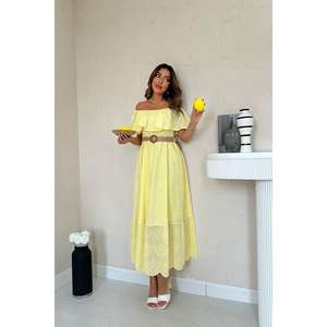 Vestido amarillo con hombros descubiertos, bordado, cintura elástica, línea A, informal, tejido, transpirable, para uso diario - Product Image 5