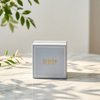 Boîte rigide bleu ciel avec logo argenté carré, revêtement UV, lamination mate, offset, paillettes, personnalisable, premium, pour parfum, bijoux, petite taille