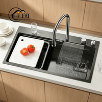 Robinet cascade numérique à bol unique de haute technologie, fait à la main en acier inoxydable 304, surface nano, évier simple intelligent à deux trous, moderne
