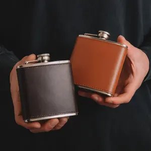 304 Stainless Steel Whisky Flask With Leather Wrap 6oz Mini Hip Flask