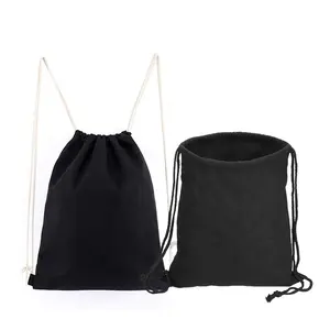 Custom Print Foldable Black Cotton Canvas Drawstring Shopping Backpack Bag For Women Men