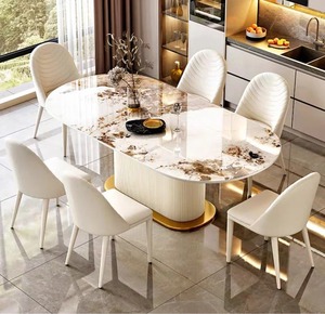 Vendita Diretta dalla Fabbrica Set Tavolo da Pranzo Ovale in Pietra Sinterizzata Lucida con Sedie per 4 6 8 Persone Set Tavolo da Pranzo per Casa e Ristorante - Product Image 2