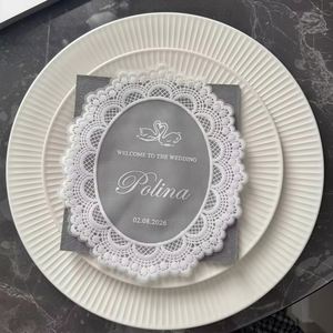 Carte d'invitation vintage ovale en polyester avec dentelle, impression par transfert thermique, personnalisée pour mariage, fête, dîner, table - Product Image 1