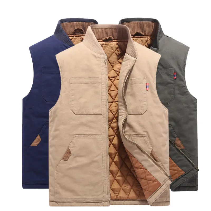 Winter Warm Men's Canvas Cross Trail Vest Casual Outdoor Fishing Multi Pockets Zipper Cotton Utility Cargo Vest Jacket Men