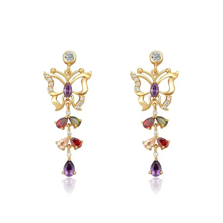 Classical Women Jewelry Wholesale Colorful CZ Cubic Zirconia Gold Plated Drop Butterfly Earrings