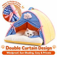 Lit-tente confortable pour chat en polaire douce, maisonnette d'intérieur pour animaux avec coussin, rideaux et poignée portable