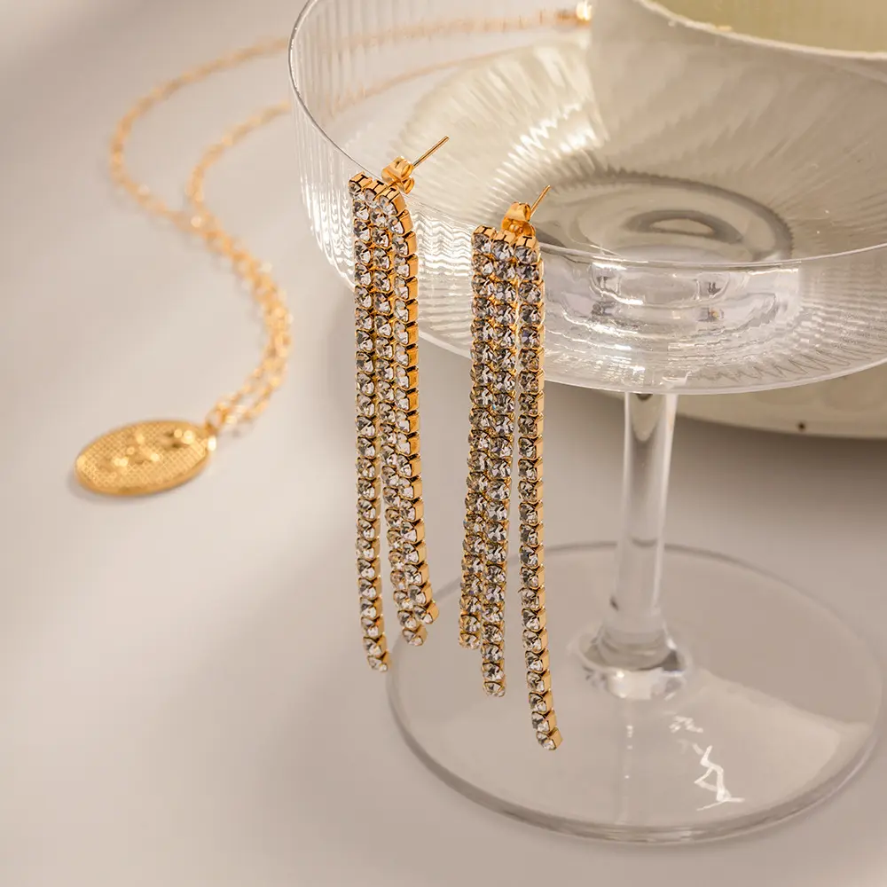 Popular Classic Jewelry 18K Gold Long Shiny White Cubic Zircon Tassel Earring For Women