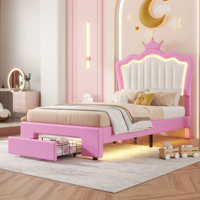 Lit capitonné moderne Willsoon pour filles, style princesse rose, avec tête de lit en forme de couronne, éclairage LED d'ambiance, tiroir de rangement, chambre d'enfant rembourrée