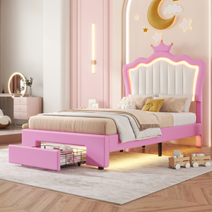 Willsoon Modernes Rosa Prinzessinnen-Bett mit Gepolstertem Kopfteil, LED-Ambientebeleuchtung und Stauraum-Schublade für Kinderzimmer - Product Image 3