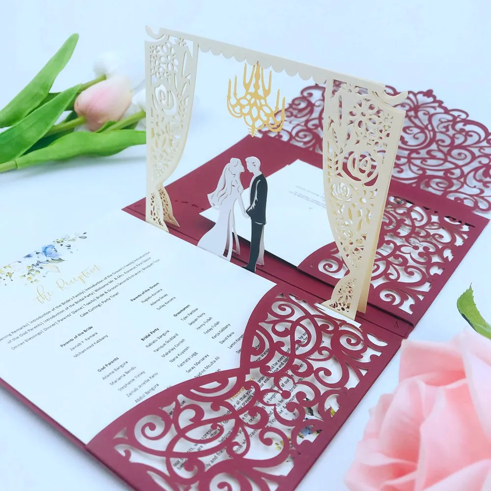 بطاقات دعوة لحفلات الزفاف, بطاقات دعوة لحفلات الزفاف والعريس بلون أبيض/عاجي/أسود/أحمر/عنابي/أخضر ، ثلاثية الطي ، طباعة ثلاثية الأبعاد ، 50x