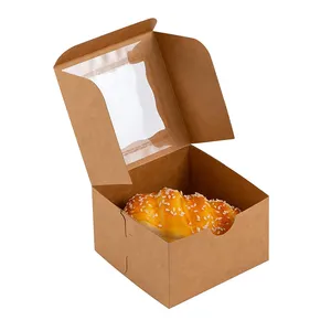 صندوق أطعمة سريعة ورقي 300 جرام للمتر مربع من مادة قابلة للتحلل الحيوي للمنتجات الجاهزة بني اللون ومغطى بجزء شفاف من البلاستيك