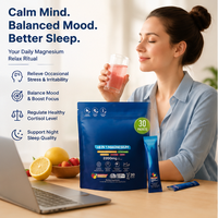 Sachets individuels personnalisés OEM/ODM de magnésium, ashwagandha, safran, vitamine D3 et théanine pour adultes : soutien du stress, de l'humeur, du cortisol et du sommeil