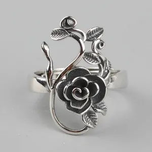 Vintage Echt Reine 925 Sterling Silber Äste Stieg Blumen Ringe Für Frauen Thai Silber Verstellbar Elegante Schmuck Ring