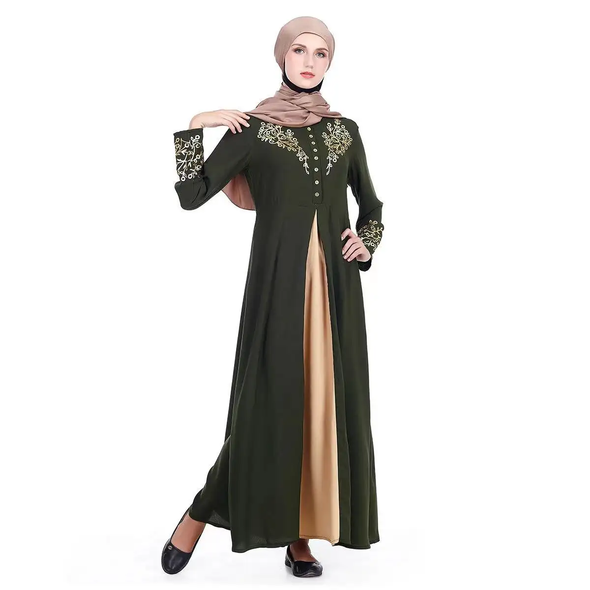 New Style Abaya langes Kleid gut aussehende gold bestickte Schulter hohe Qualität