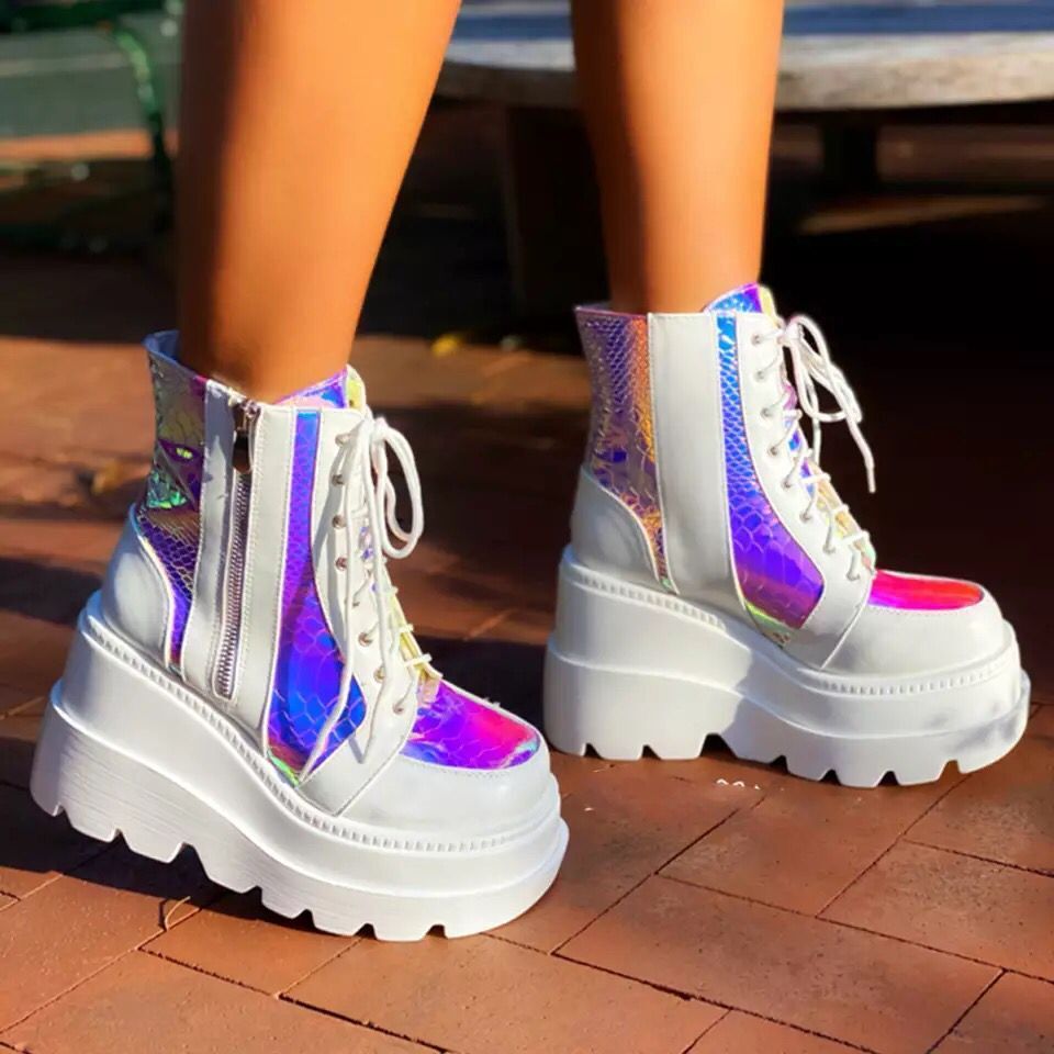 Cape Robbin Holographic Platform Ankle Boots - Punk Chunky Heel, Futuristic Style With Buckle - View #2