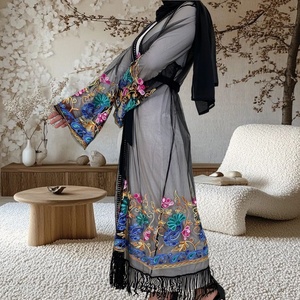 9.9 Big Sale Open Abaya Breathable Mesh With Flowers Embroidery With Tassel Bottom Modest Muslim Dubai Women Abaya No Inner 1904 - Product Image 4