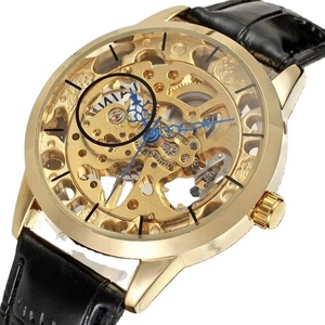 Luxury Vintage <b>Skeleton</b> Mechanical <b>Watch</b> for Men Gold Open Work Dial Black Leather Strap Mechanical Wristwatch - Product Image 1
