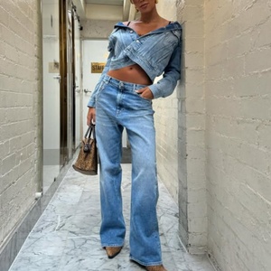 OEM Custom Brand Label Denim Set Street Sexy Crop Denim <b>Jacket</b> Mid Rise <b>Straight</b> Jeans Vintage Acid Washed Denim Jeans Set - Product Image 1