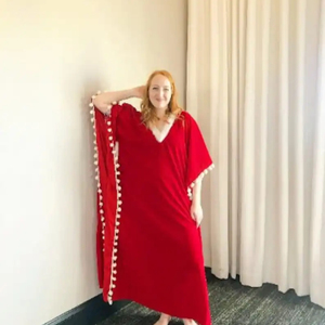 Red <b>Kaftan</b> Cotton Dress With V Neck Short Batwing Sleeves Pom Pom Trim Relaxed Fit And Flowing Silhouette <b>Kaftan</b> Dress For <b>Women</b> - Product Image 1