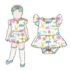 Petite combinaison-jupe pour filles Little Glow Kid, best-seller, personnalisée, imprimé safari, douce, en bambou, avec fermeture à boutons sur l'épaule - Product Image 1