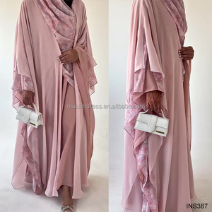 Dubai Nouveau Modèle 2 Pcs Open Abaya Cardigan Hijab Set Women Print Flower <span class=keywords><strong>Kimono</strong></span> with Hijab - Product Image 3