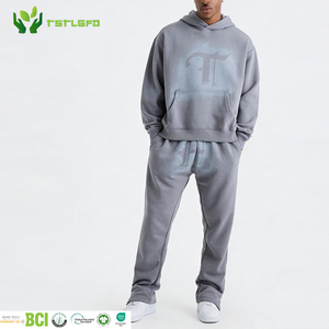 Ensemble 2 pièces décontracté pour homme, sweat à capuche et pantalon de survêtement vintage en tissu recyclé GRS, imprimé strass, toucher doux, pour l'hiver - Product Image 1