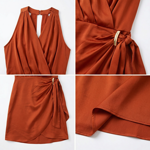 <span class=keywords><strong>Abito</strong></span> da donna in raso <span class=keywords><strong>arancione</strong></span> bruciato dal design originale, elegante, con scollo all'americana a V, <span class=keywords><strong>mini</strong></span>, di lusso, per serate e feste, personalizzabile OEM - Product Image 3