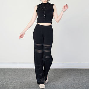 Hollow Out Design Women Summer Two Piece Set <b>Black</b> Sleeveless Round Neck <b>Tops</b> <b>Long</b> Pants - Product Image 1