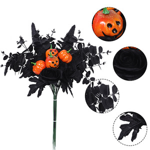 Ramo decorativo de Halloween fácil de conseguir, flores de seda, hojas negras, calabazas naranjas para el hogar, boda, accesorios para exteriores - Product Image 3