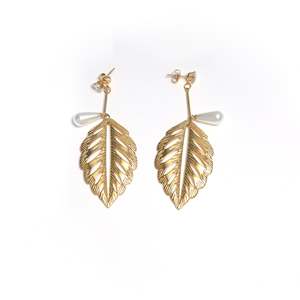 Fashion Drop Earrings <b>Gold</b> Plated Leaf Design With Pearl Studs For Women Jewelry - Product Image 1