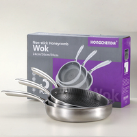Wajan penggorengan induksi baja tahan karat, 3 set peralatan dapur sarang lebah anti lengket desain logam Modern ACERO tahan guncangan