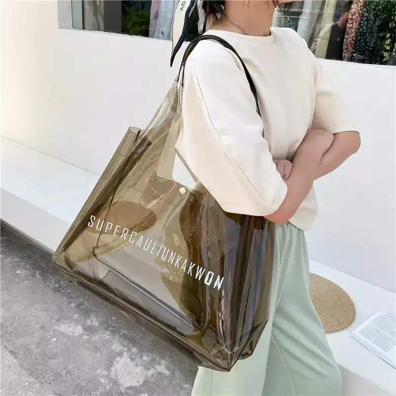 New Style Custom Logo Pvc Shoulder Jelly Shopping Large Transparent Clear Pvc Tote Bag for Beach Travel Grocery