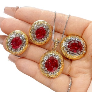 Vintage Eco-friendly Copper Jewelry Sets Hypoallergenic High End 10*12-8*10mm Red Zircon <b>Earrings</b> and Necklace Set for Women Tu - Product Image 2