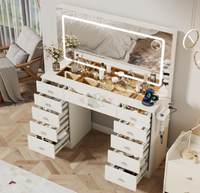 Table de toilette blanche avec 11 tiroirs, miroir LED, éclairage réglable, plateau en verre pour chambre à coucher