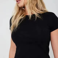 T-shirt court ajusté en coton côtelé pour femme et fille, 95 % coton, 5 % élasthanne, col rond, style semi-ajusté