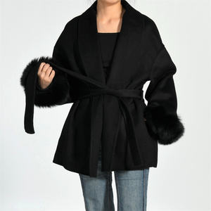 Модное роскошное укороченное двухстороннее шерстяное пальто ручной работы с поясом большие манжеты из натурального Лисьего меха на заказ зимнее женское элегантное шерстяное пальто - Product Image 6