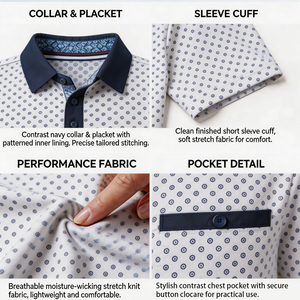 Polo de golf pour homme à imprimé pois intégral, coupe classique, col contrastant, 100 % polyester, idéal pour le bureau, vente en gros, transfert par sublimation - Product Image 3