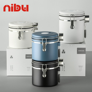 NIBU Premium - Récipient de stockage hermétique pour grains de café en acier inoxydable moderne et plat, avec couvercle en métal et cuillère - Product Image 5