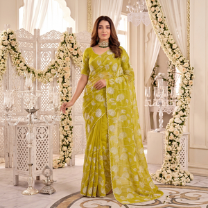 Sari en soie verte avec broderie florale blanche, tenue traditionnelle indienne pour mariage, longueur au sol, protection solaire, pour femmes - Product Image 1