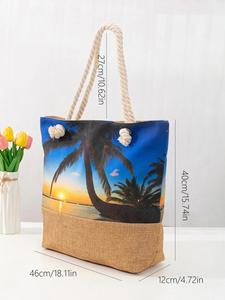 Bolsa de Compras de Lona de Moda de Verano, Bolsa de Playa de Algodón con Estampado de Palmeras de Coco, Gran Capacidad, para Mujer - Product Image 4
