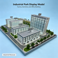 Maquette de parc industriel avec bâtiments d'usine, dortoirs, immeubles de bureaux, routes et ceinture verte