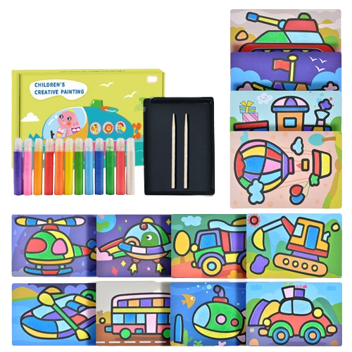 Transport 12 couleurs sable + 12 peintures + table de sable