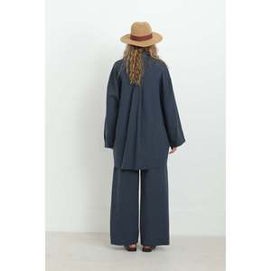 LOREEN Women's Button Detail Oversize Shirt & <b>Pants</b> Two-Piece Set, Comfortable Casual Navy Blue Outfit, Model 20694TKS - Product Image 3