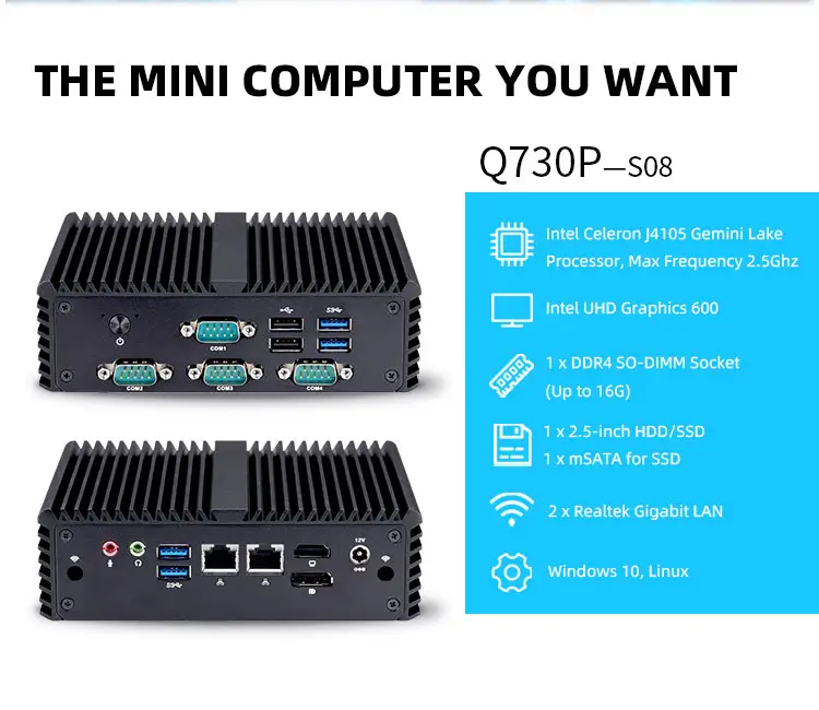 Qotom último Barebones Mini PC J4105 Win10 4K DDR4 M.2 SSD integrado de Control Industrial Mini PC