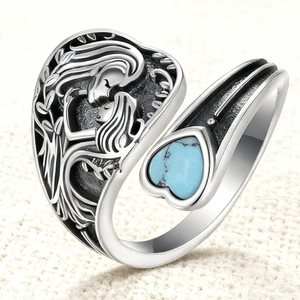 Japanese Korean Style Heart Shape Adjustable <b>Ring</b> With <b>Turquoise</b> Inlay For Women Mother Daughter Matching Gift Jewelry - Product Image 1