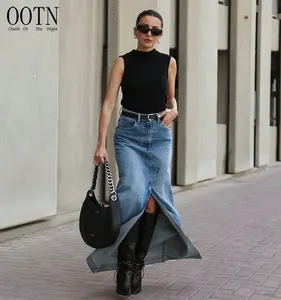 Ootn saia jeans cintura alta sexy feminina, corte em linha a brim longa moda feminina, escritório, verão 2023